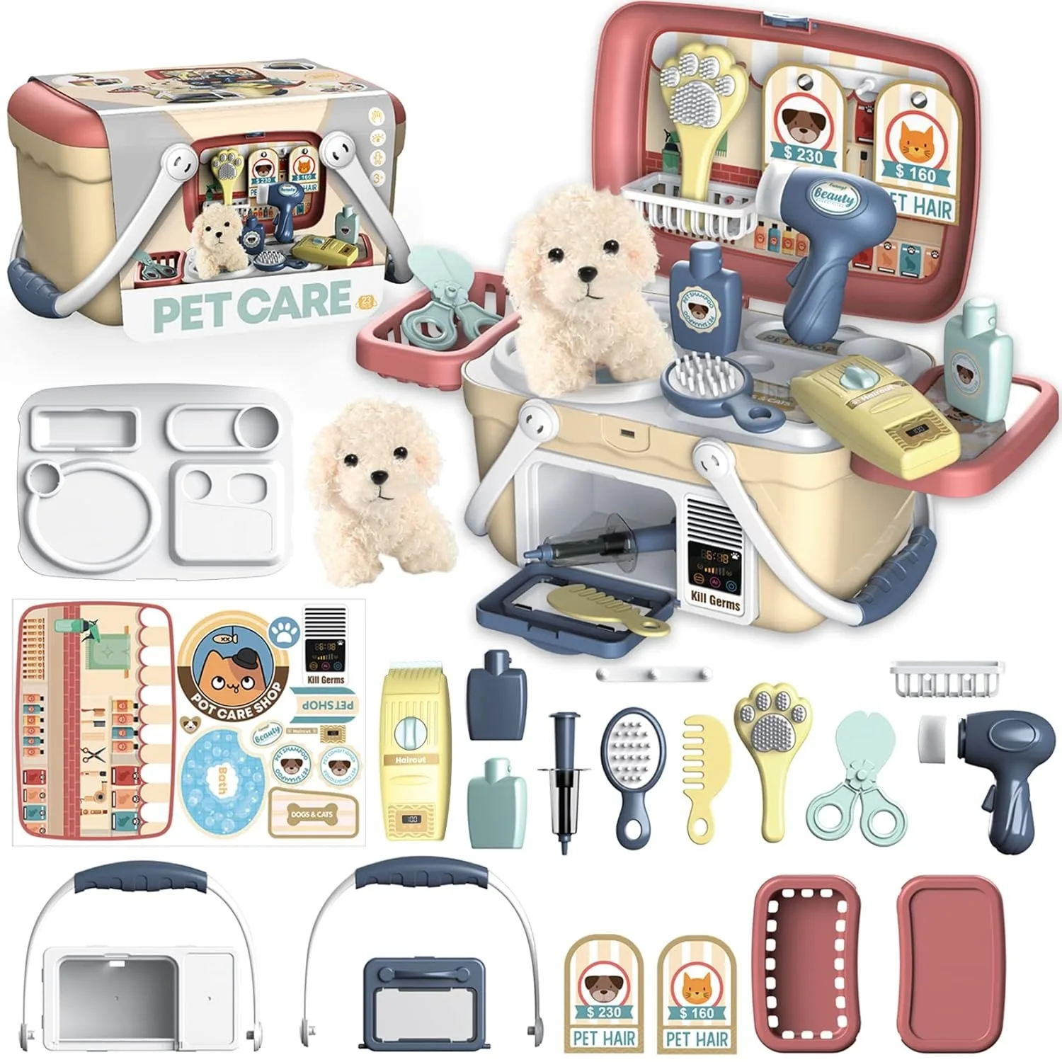 

Pet Care Play Set Vet Play Set with Plush Dog Grooming Pretend Play Puppy Carrier Feeding Dog Educational Toys for Toddler Kids