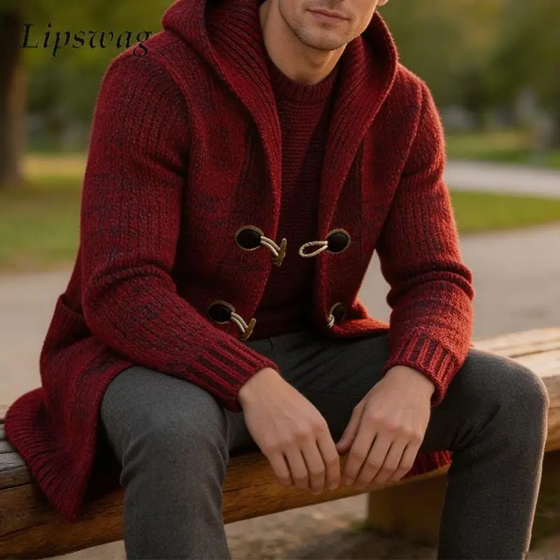 Vintage Hooded Toggle Button Mid‑Length Knitted Cardigan Mens Fall Winter Warm Solid Color Loose Long Sleeve Outerwear Men