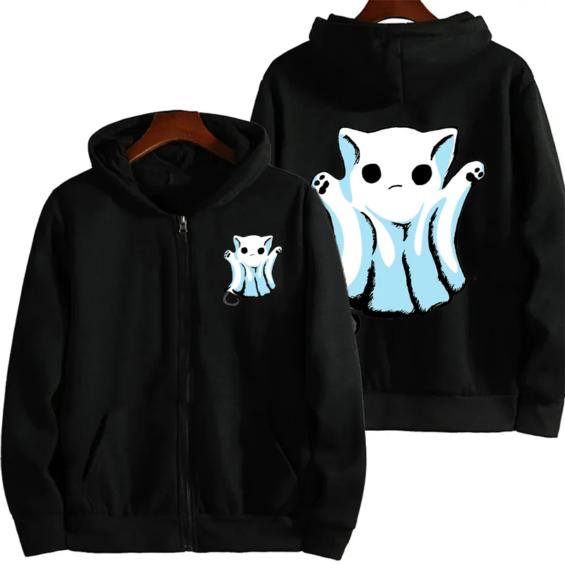 Women's Fleece Hoodies Sportwear Sweatshirts Cute Boo Cat Halloween Zip Up Women Classic Zipper Hoodies Hip Hop Streetwear