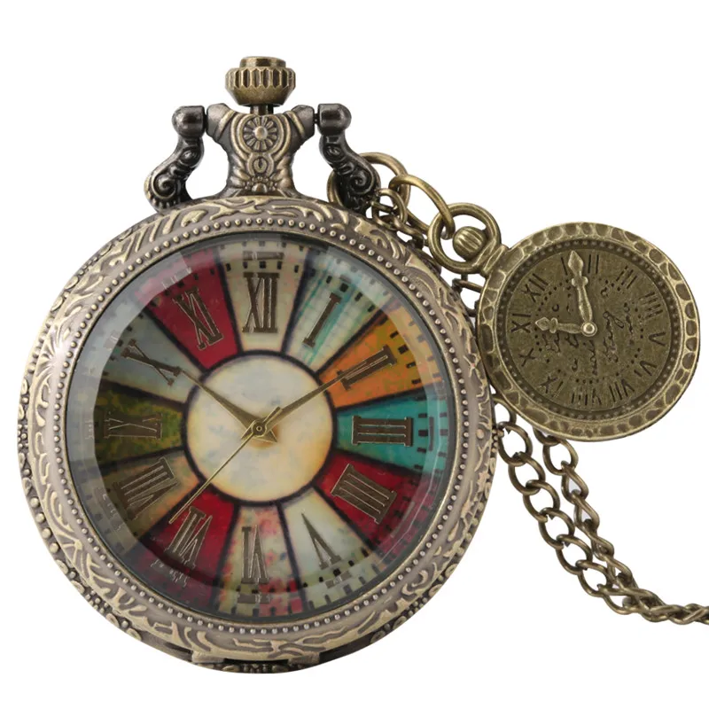 Relojes de esfera coloridos antiguos para hombres y mujeres, reloj de bolsillo de cuarzo y bronce con número romano, brújula Colgante con cadena de collar