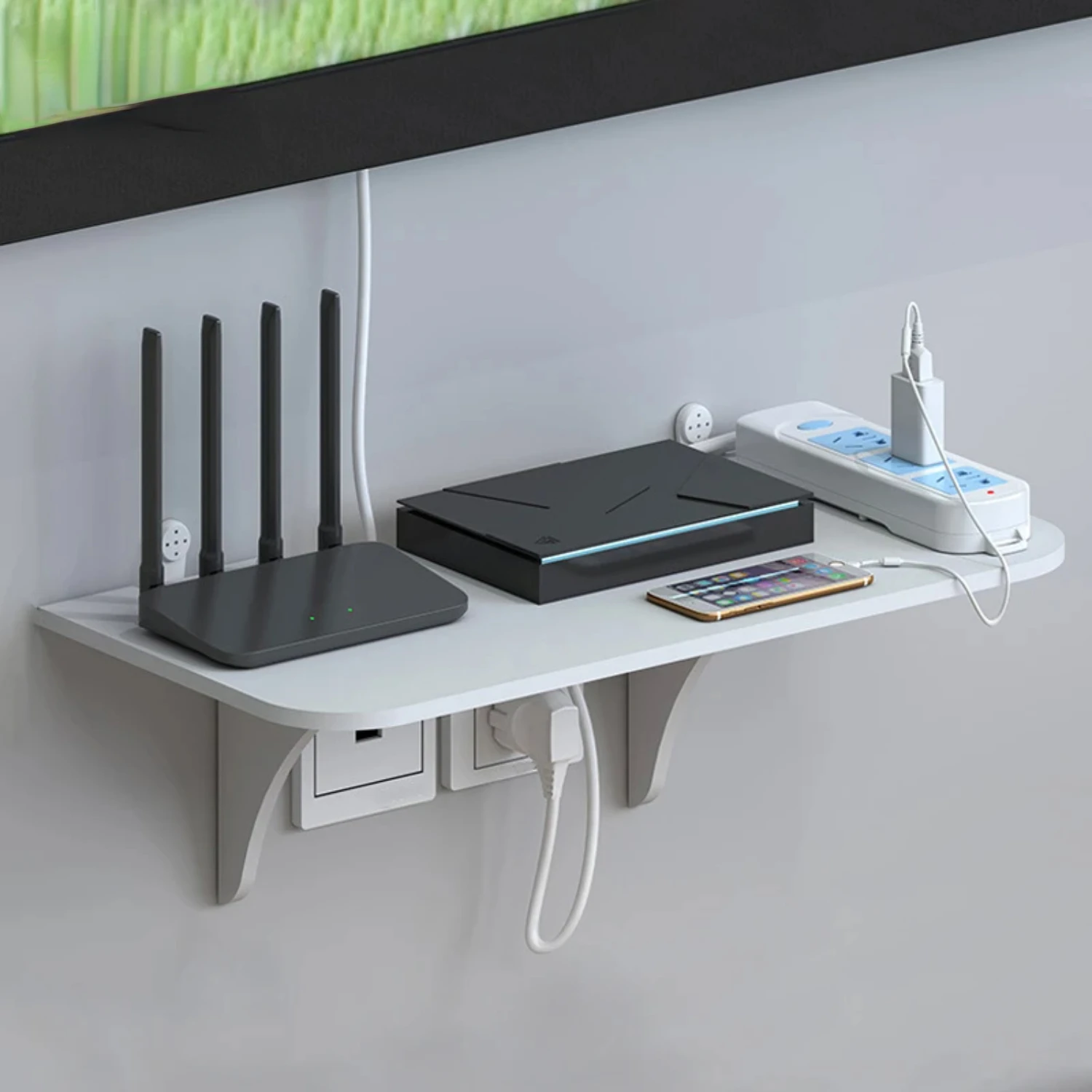 

Router Floating Shelf Hanging Rack Multi Tap Outlet Wifi TV Set Top Box Board Hidden Bracket Organizer Wall Mount Holder