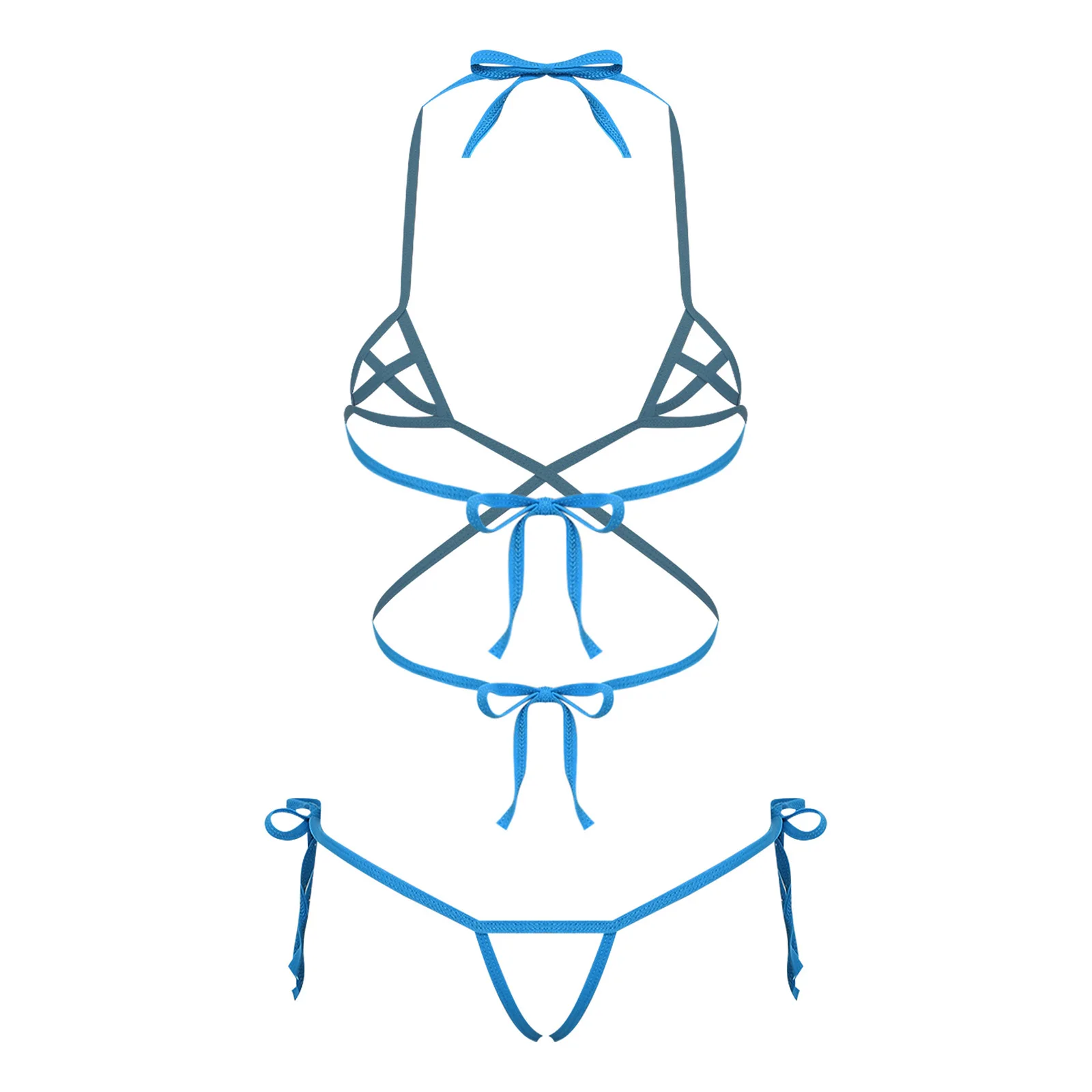Womens Lingerie See Through Bikini Swimwear Set Lacing Halter Bra And Crotchless G-string Thong Swimsuit 2-piece Bathing Suit