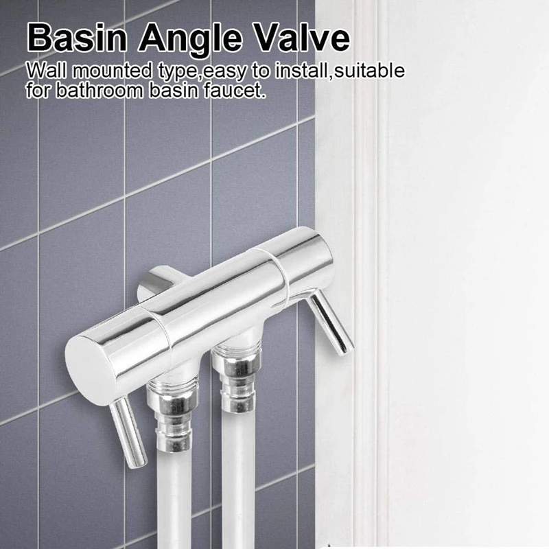 Válvula angular para bacia, válvula cromada montada na parede g1/2, adaptador de saída dupla, fluxo ajustável para torneiras de pia de banheiro