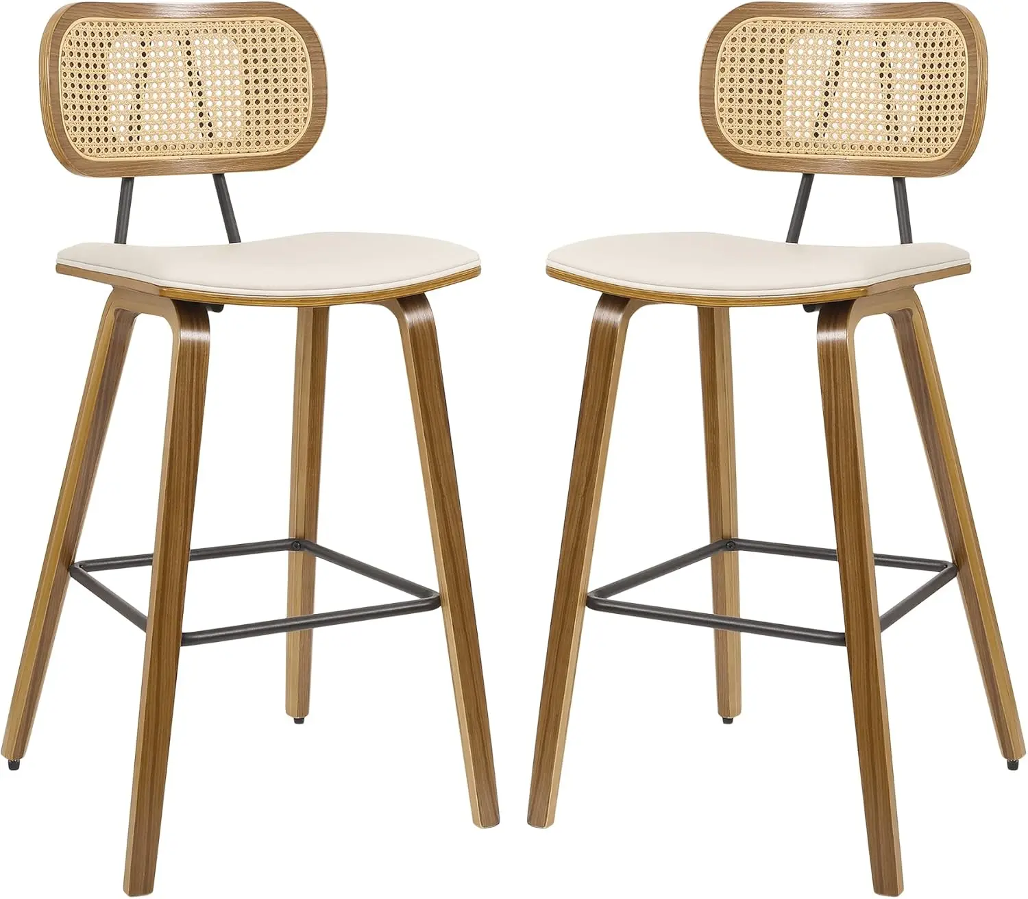 

Counter Height Bar Stools Set of 2, Mid Century Modern Counter Stools, 26" Wood Kitchen Stool PU Leather Upholstered Barstool