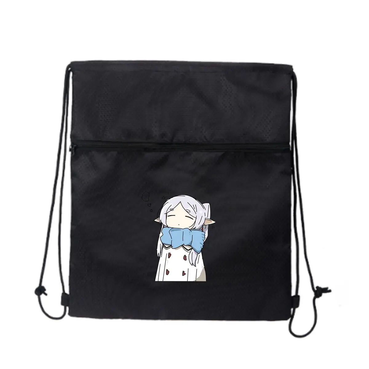

Чиби-стиль, иллюстрация девушки-эльфа, черные сумки на шнурке, рюкзак на шнурке для занятий спортом, путешествий в тренажерном зале