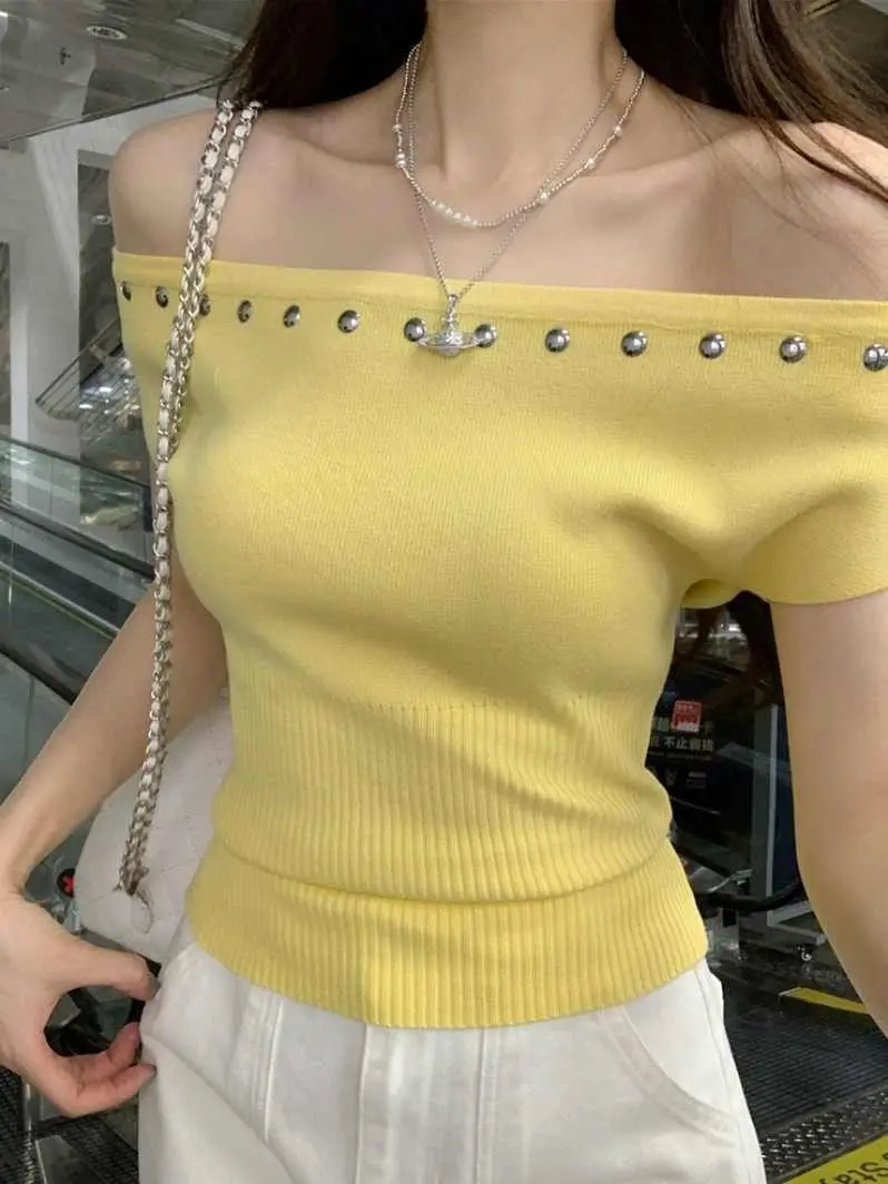 Vintage Studded Knitted Off Shoulder Top Women Slim Fitted Summer Short Sleeve T Shirt Korean Fashion Plain Tees Casual New
