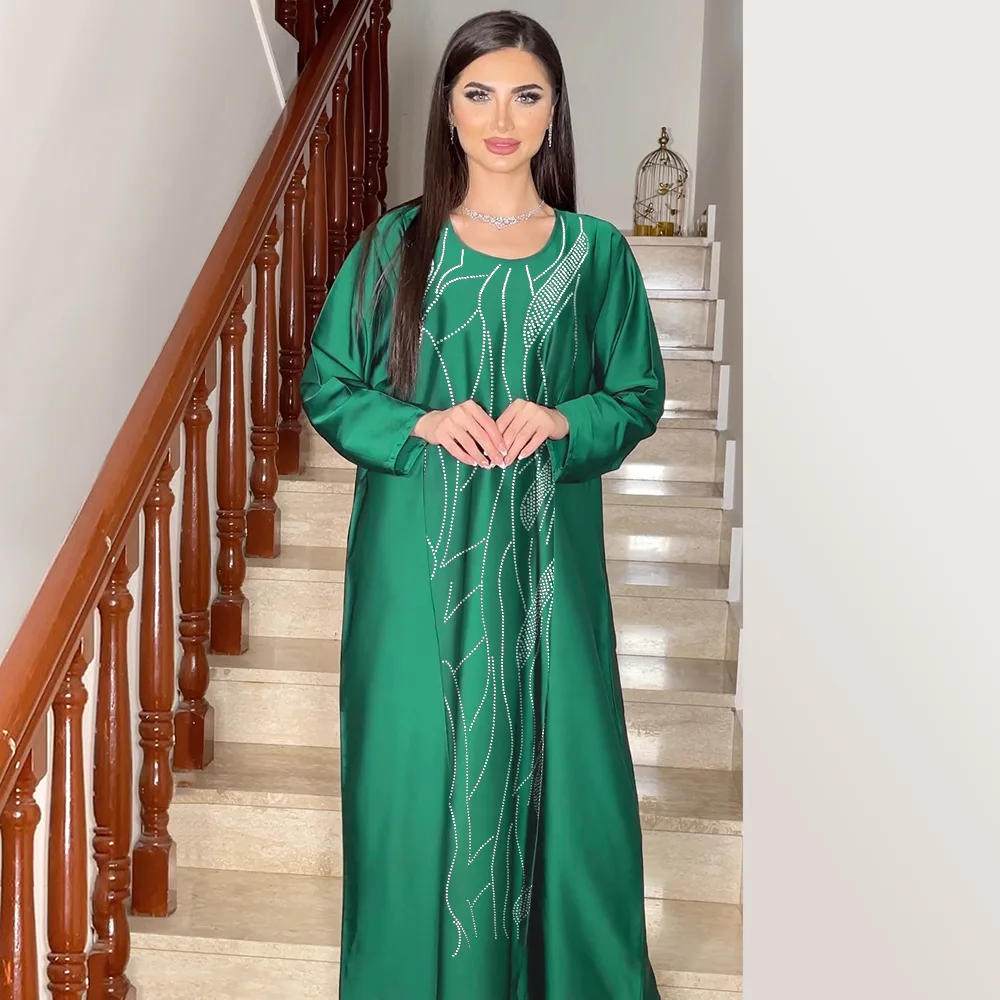 UNI Muslim Women's Long Robe Middle East Abayas Fashion with Diamond Inlay Loose Wide Swing Casual Abaya Long Dress