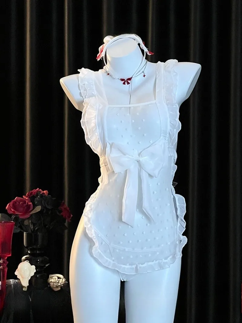 Disfraz de delantal de encaje de sirvienta de cocinero para mujer, uniforme transparente de puro deseo, vestido de juego de rol sin espalda Sexy, lencería seductora romántica