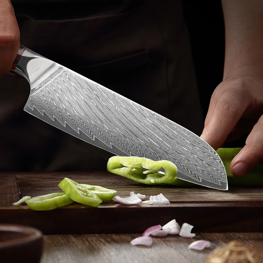 Imagem -04 - Turwho Polegada Japonês Santoku Faca 67 Camadas de Aço Damasco Lâmina Afiada Profissional Faca Vegetal Ferramentas Cozinha Resina Handl