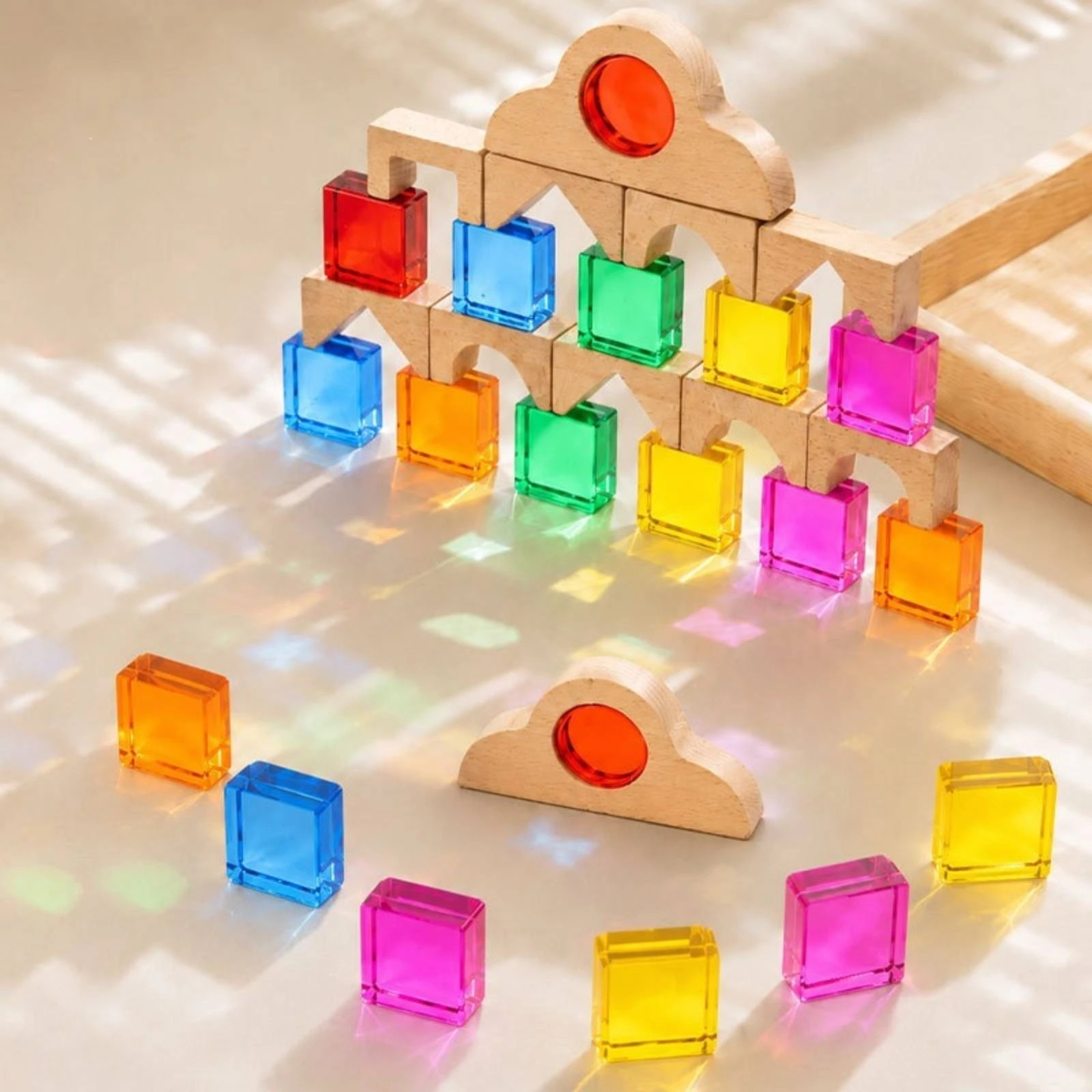 Wooden Building Toy with Acrylic Inserts Translucent Geometric Blocks with Acrylic Stacking Toy Hand-Eye Coordination