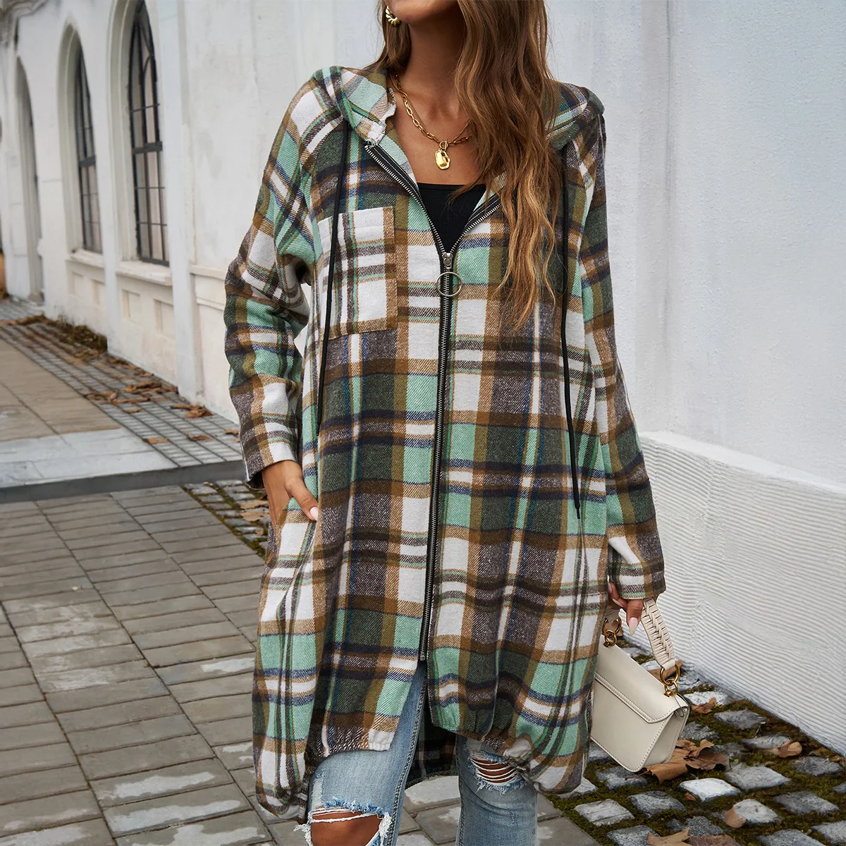 High Quality Hot Selling 2025 Women's Casual Loose Plaid Contrasting Zipper Hooded Jacket Wholesale Wool Blends Coats Tweed Y2k