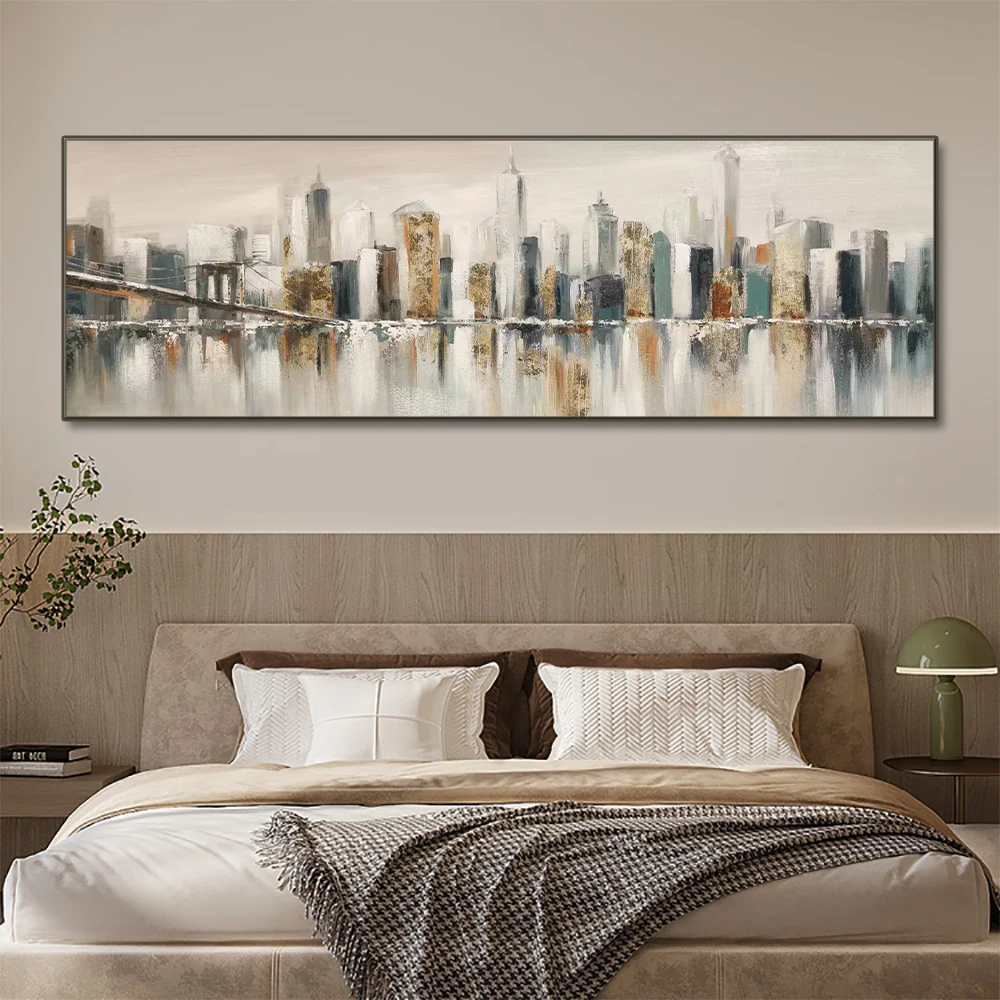 Morden Abstract New York Cityscape Oil Painting on Canvas Original Brooklyn Bridge Skyline Wall Art Picture For Livingroom Decor