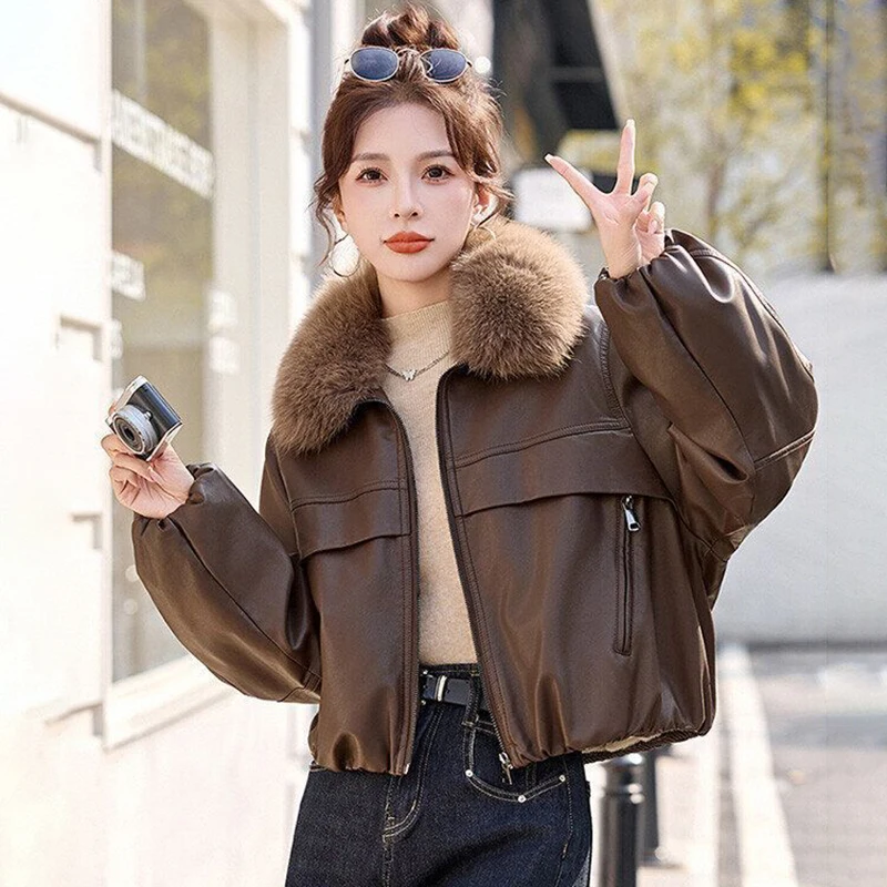 Women Warm Faux Leather Cropped Jacket With Faux Fur Collar  Lantern Long Sleeve Loose Short PU Coat Autumn Winter Outerwear