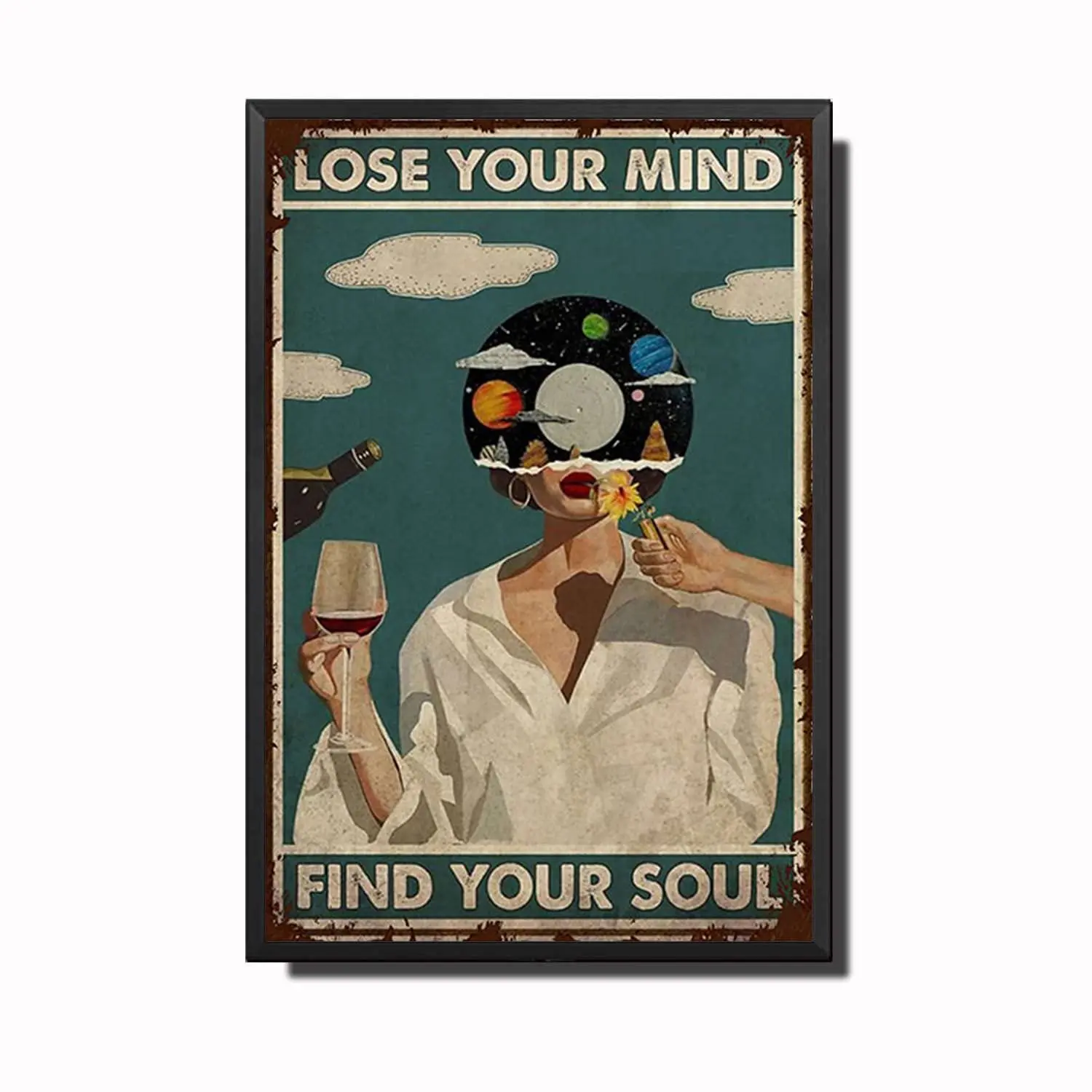 YLUYINOM Tin Metal Signs Lose Your Mind Find Your Soul Poster, Vinyl Records Music Poster, Vinyl Poster, Wine and Music Poster,