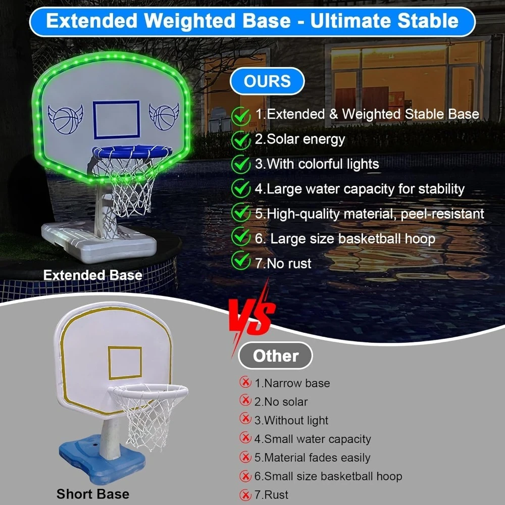 عرض ساخن. طوق كرة السلة لحمام السباحة بالطاقة الشمسية مع أضواء، ألعاب حمام السباحة كبيرة الحجم مع كرتين/مضخة لعبة كرة السلة المائية بجانب حمام السباحة - الأفضل #5