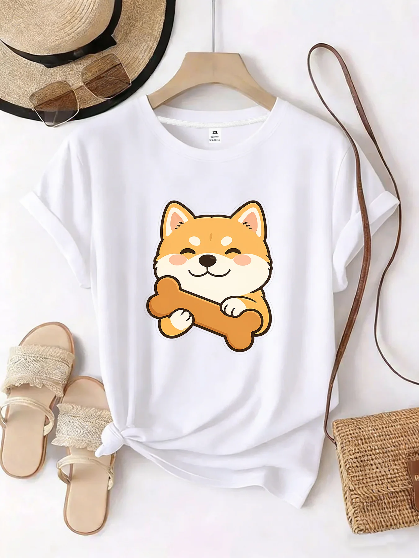 

【WZM10671】Женская футболка больших размеров с милым мультяшным принтом собаки породы шиба-ину, с круглым вырезом, летняя, повседневная, с коротким рукавом, в уличном стиле