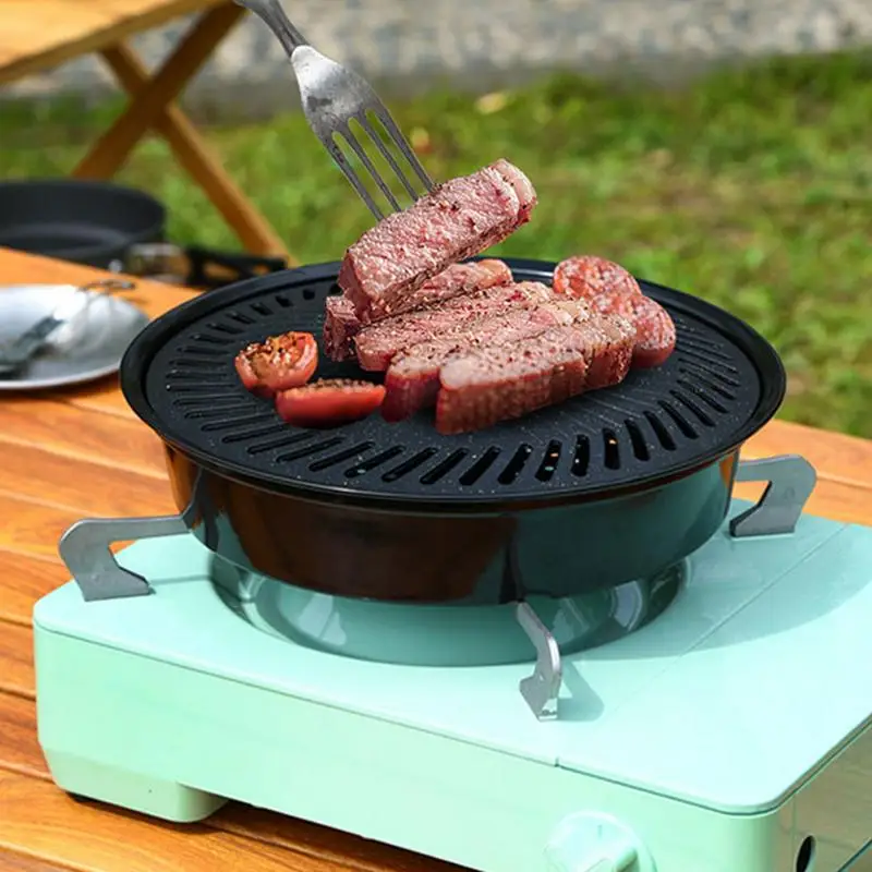 Portable Korean Grill Pan Barbecue Oven Outdoor Camping Grill Pan Non-Stick BBQ Pan Grill Plate Stove Grill Roasting Meat Tool