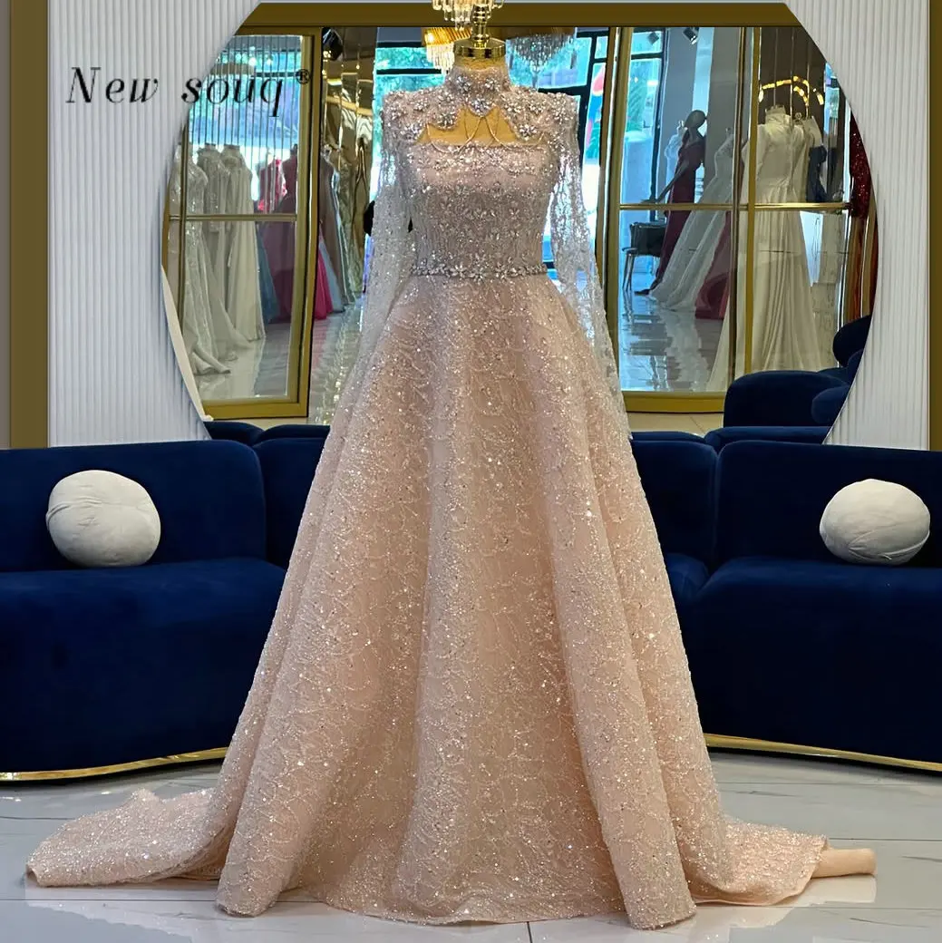 

Блестящие кристаллы из бисера, платья для выпускного вечера цвета шампанского, индивидуальные мусульманские платья в Дубае с высоким воротом, Nikkah, свадебная церемония, вечерние платья