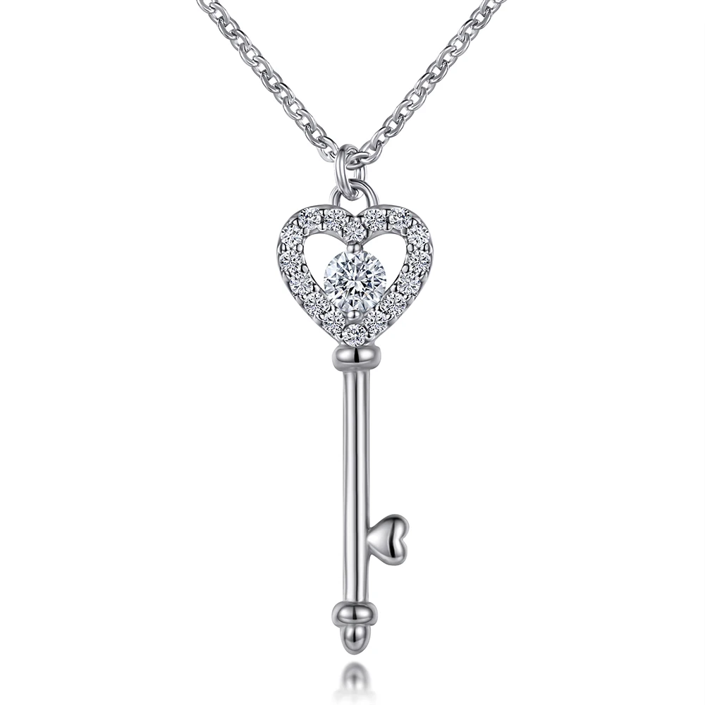 

Sun Star Luxury Brand 925 Sterling Silver Heart Shaped Key Pendant Necklace Stylish Fashion Jewelry Weddings Engagements Rhodium