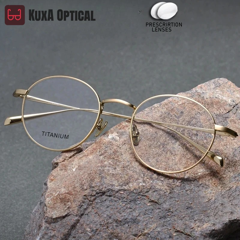 

KUXA Fashion Women Men Pure Titanium Eyeglass Retro Round Optical Frame Myopia Hyperopia Prescription Glasses Lenses Gold Gun
