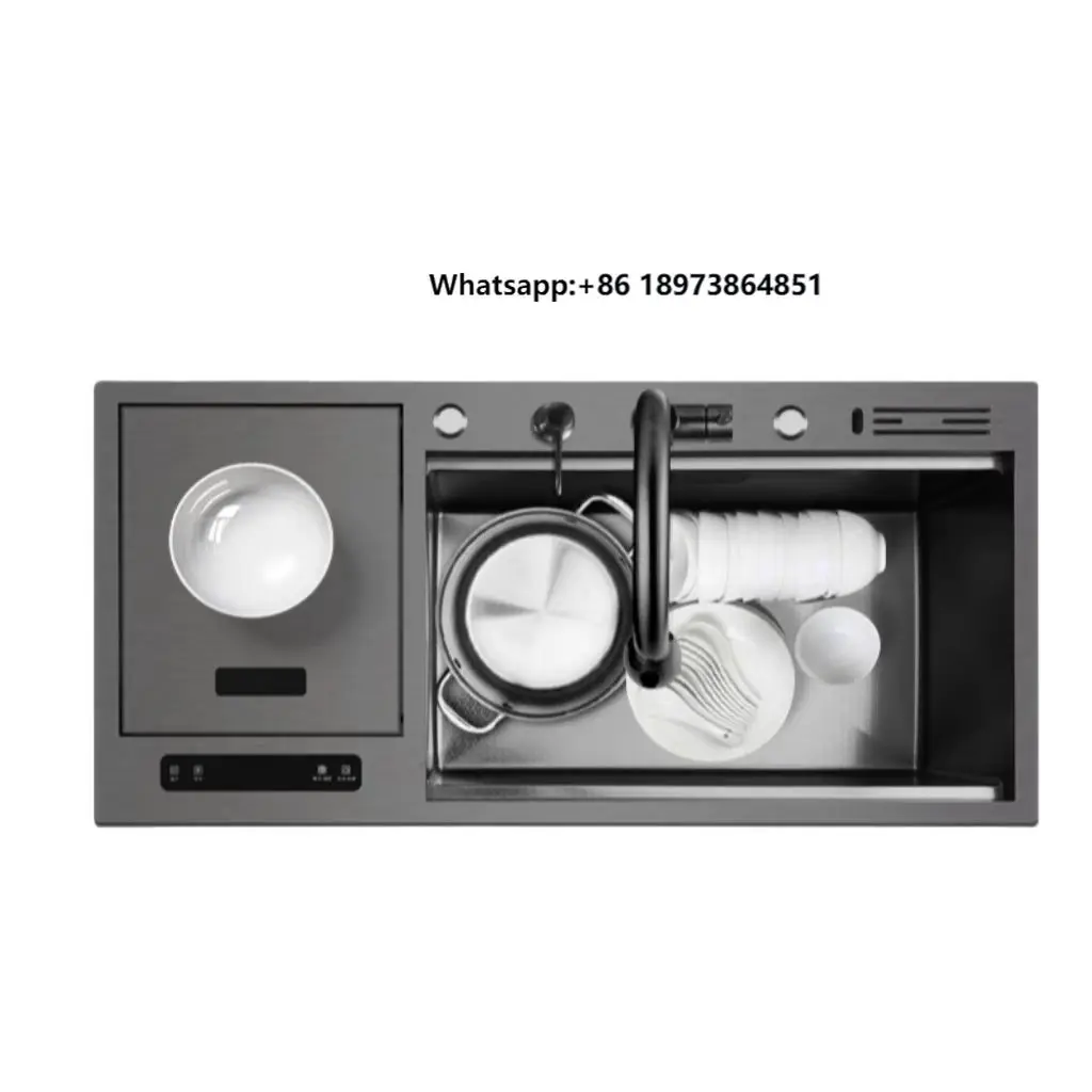 

Handmade Black Nano Surface Digital Display Kitchen Sink Doublee Bowl Easy Cleaning Smart Multifunctional Design Featuring Four
