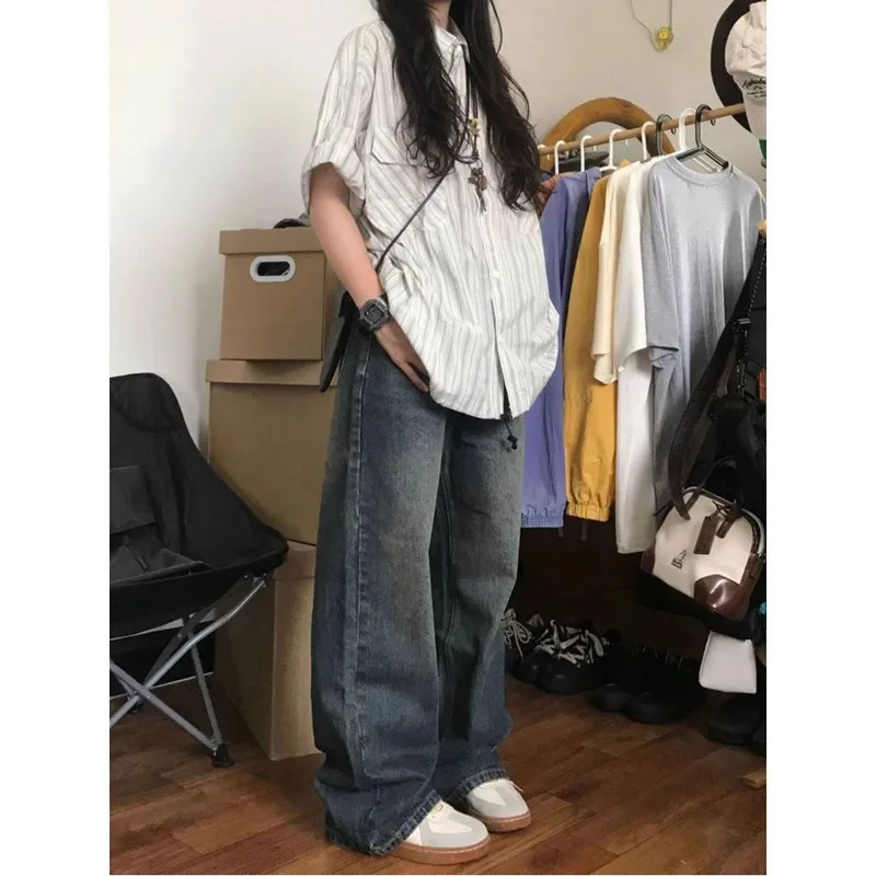 Stripe Oversized Short Sleeve Shirt Woman Japanese Vintage Button Up Blouses Summer Harajuku Fashion Casual Korean Style