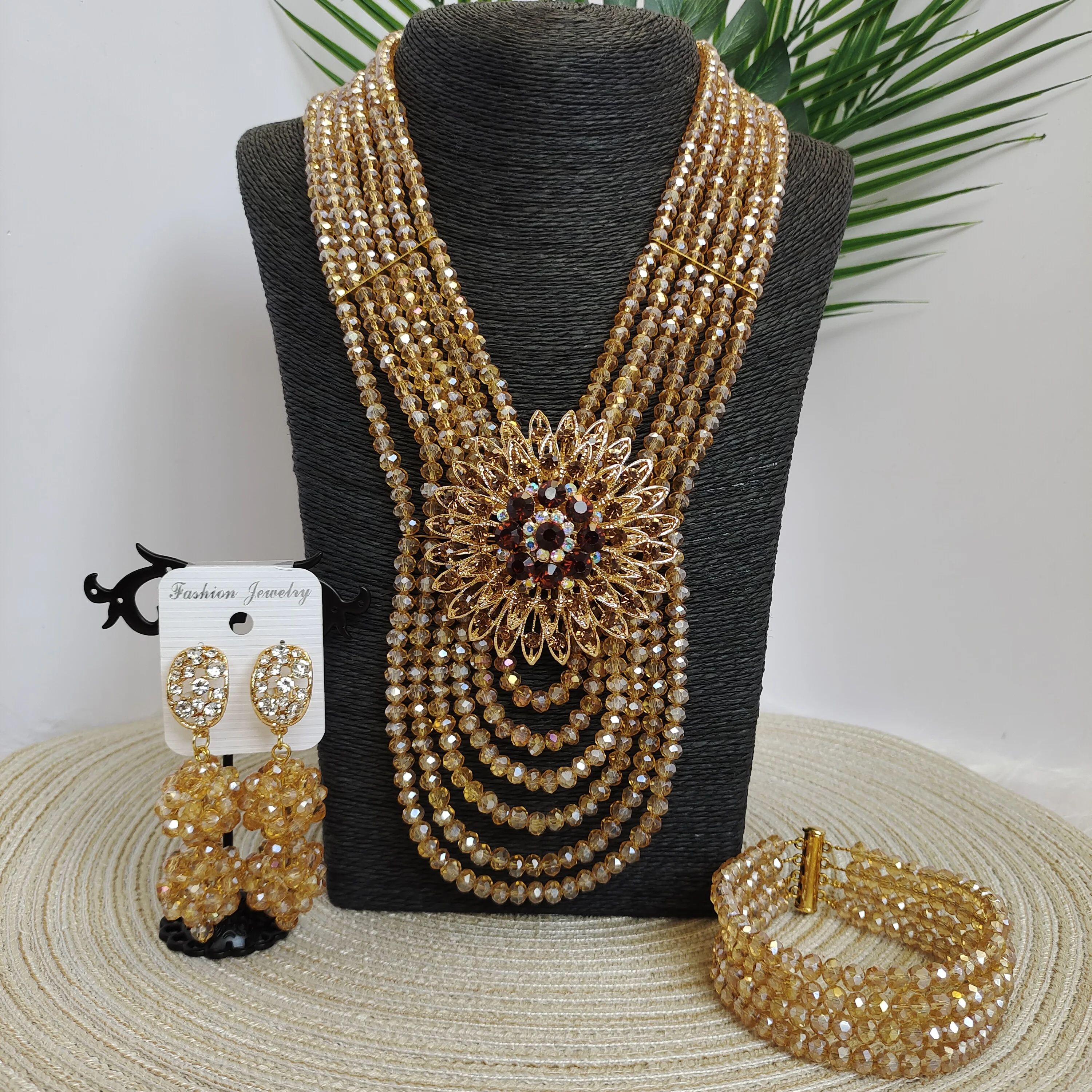 

Champagne Gold AB Crystal Necklace Nigerian Wedding Beads Jewelry Sets