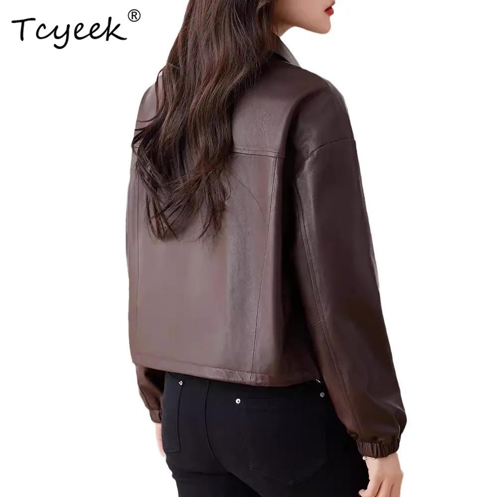 Tcyeek シープスキン春秋トレンディ Fangling メイラード チョコレート ショート レディース 本革 ジャケット Женская Кожаная Куртка