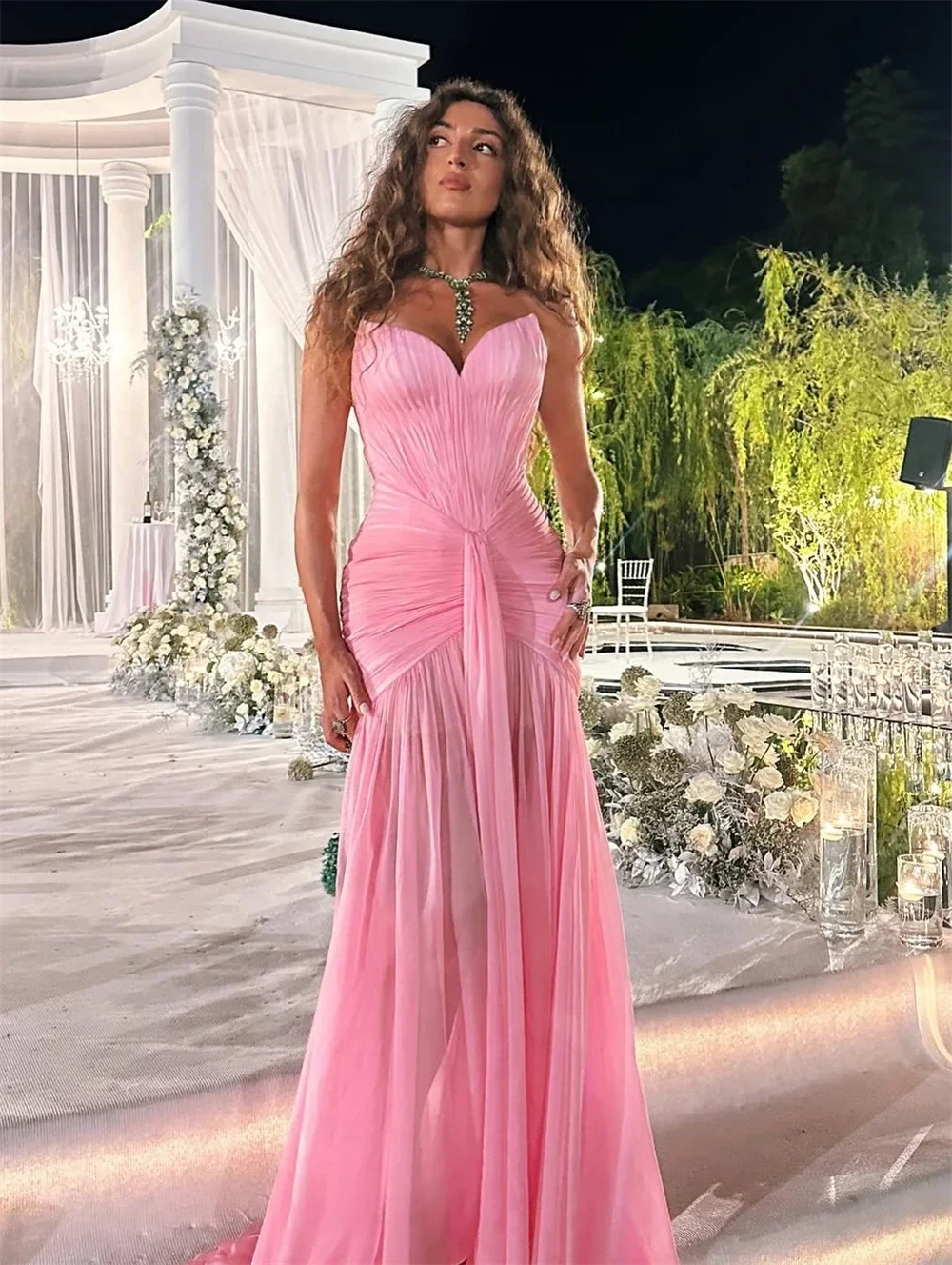 

Women Customized Pink Mermaid Draped Illusion Prom Dress Front Slit Sweep Train Vestidos De Noche Floor-Length Formal Gown 2025