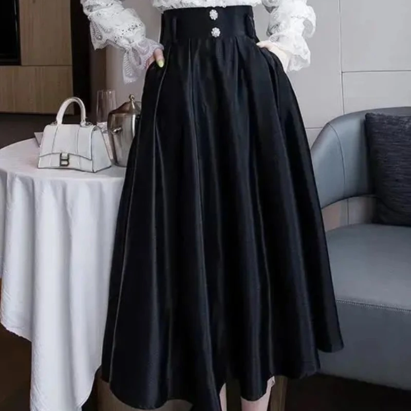 Jupe midi noire taille haute pour femme, vêtements décontractés en V, mode coréenne, modeste, luxe, style de qualité élégant, vente