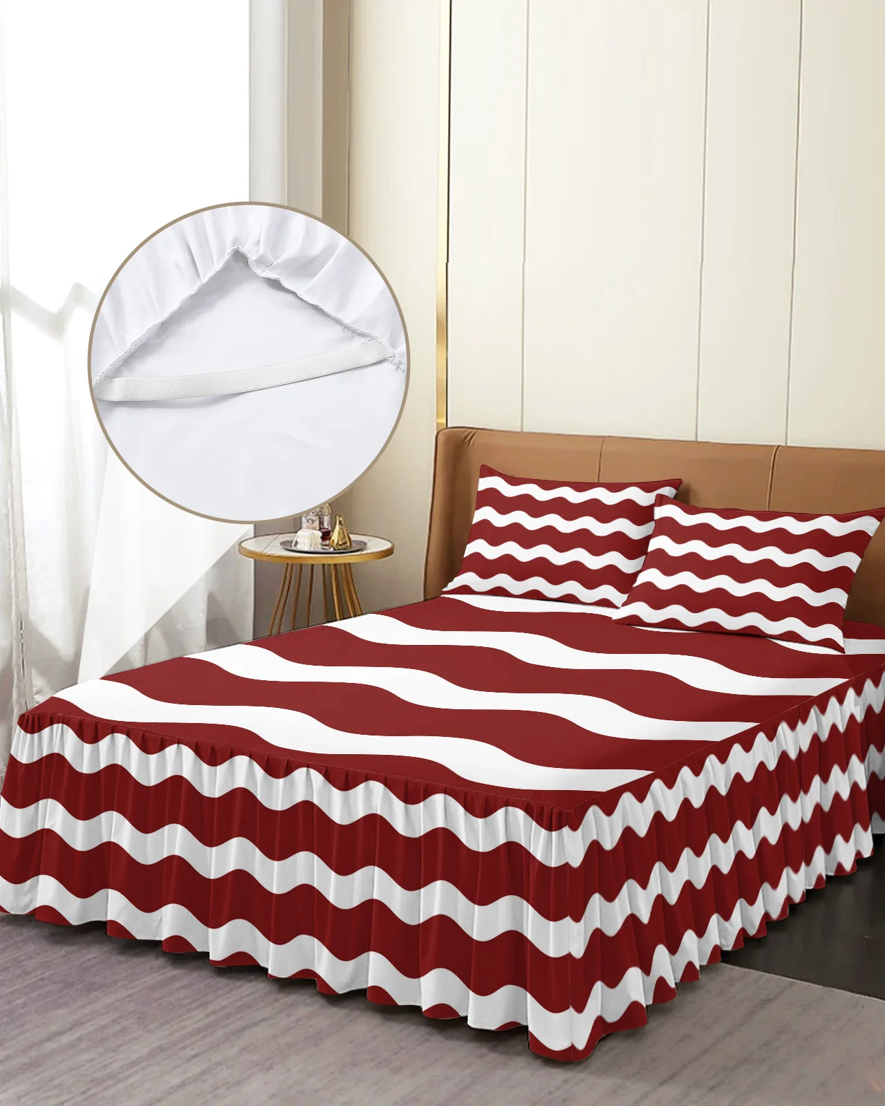 

Red Ripple Waves Bed Skirt Elastic Fitted Bedspread With Pillowcases Bed Protector Mattress Cover Bedding Set Bed Sheet