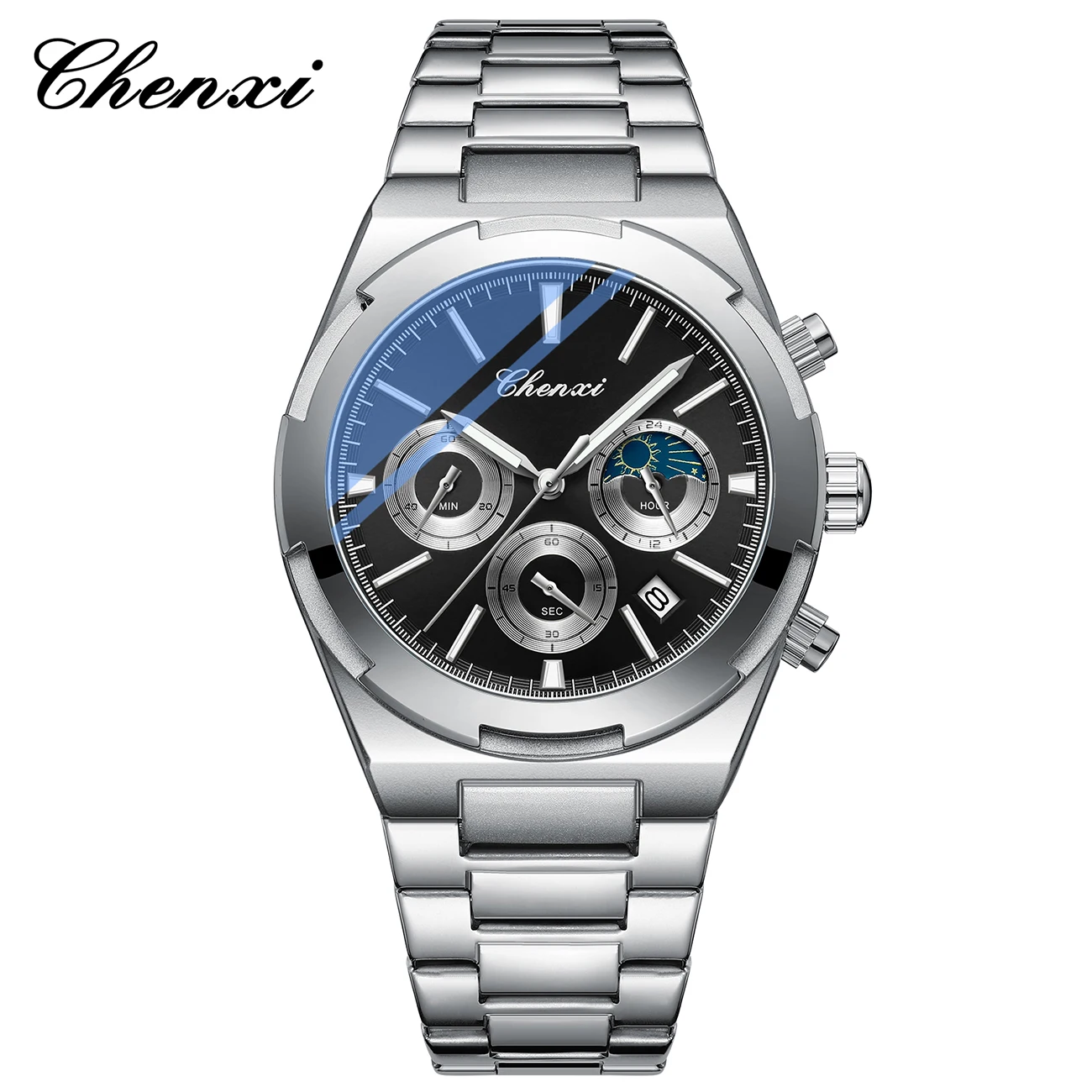 Mens Luxury Watch High Quality Calendar Moon Phase Chronograph Waterproof Stainless Steel Quartz Wrist Watches Gifts For Men