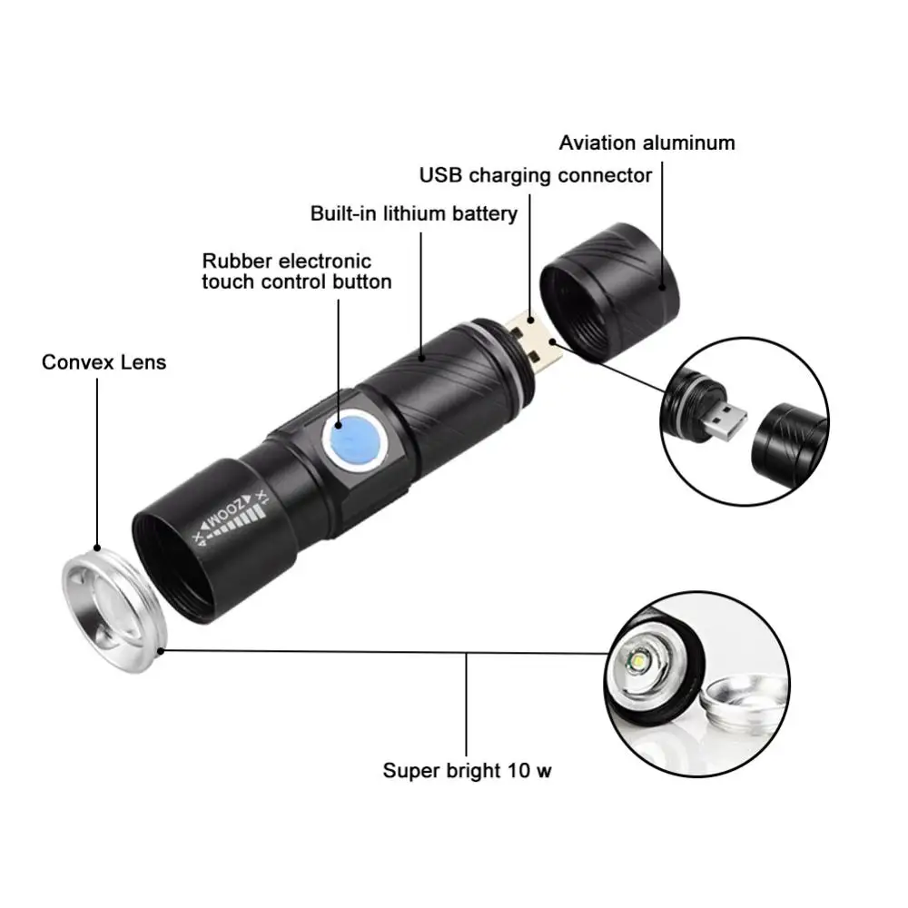 USB Charging Flashlight Mini T6 Glare Flashlight LED Telescopic Portable Glare Small Flashlight Waterproof Zoom Headlight Camp