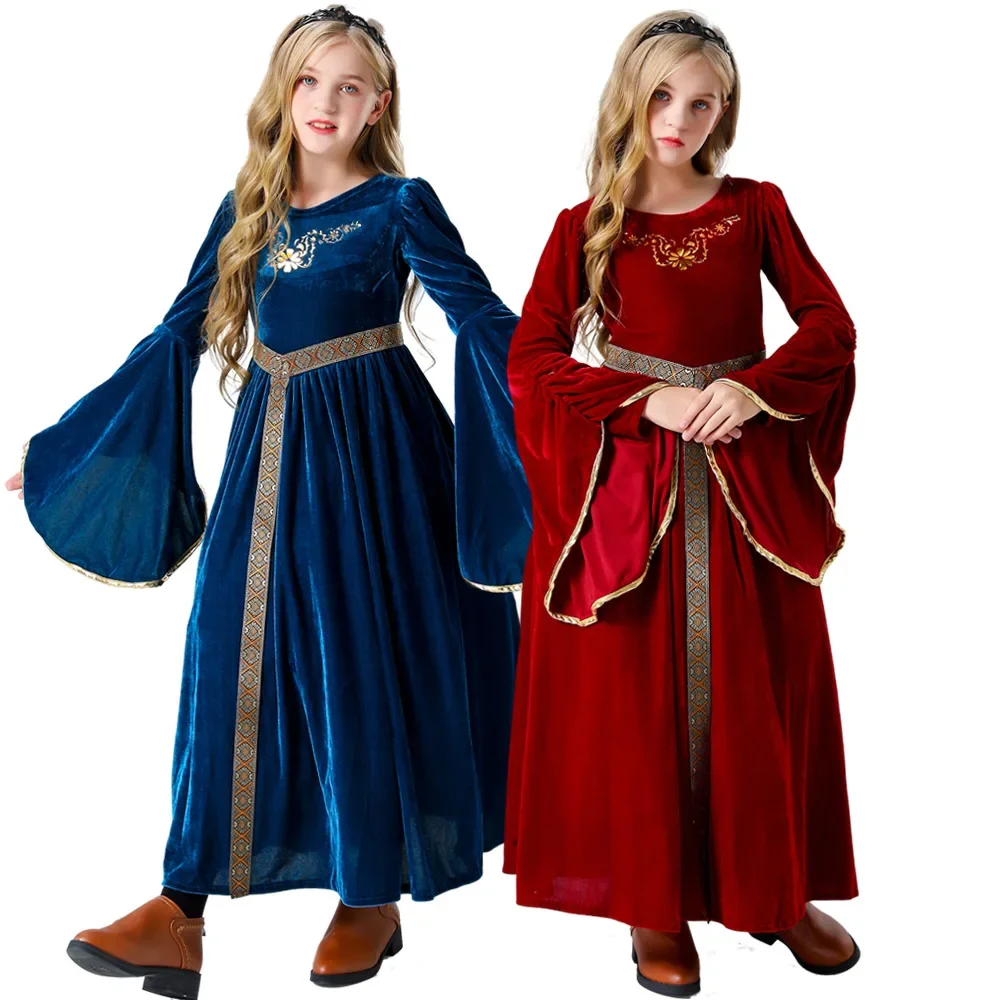 

Vintage Palace Ball Flared Sleeve Long Dress for Child Girl Halloween Cosplay Costume Kids European Medieval Stage Plays Costume