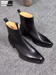 Kobiety Cowskin Genuine Leather Shoes New Autumn Short Boots Zipper Pointed Top Vintage Design Chunky Heels Black Chelsea Boots