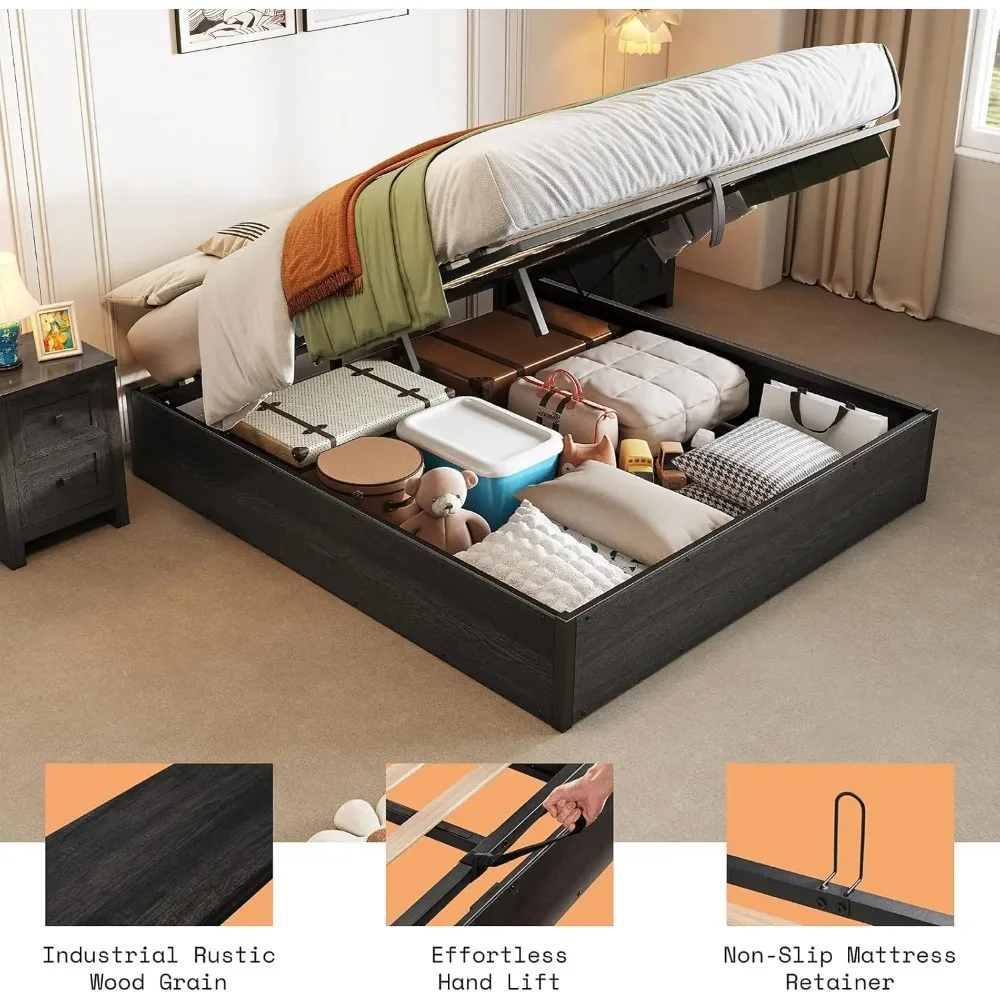 Lift Up Storage Bed, Queen Bed Frame with Storage Underneath, Wooden Platform Bed Frame, Solid Wood Slats Support, No F