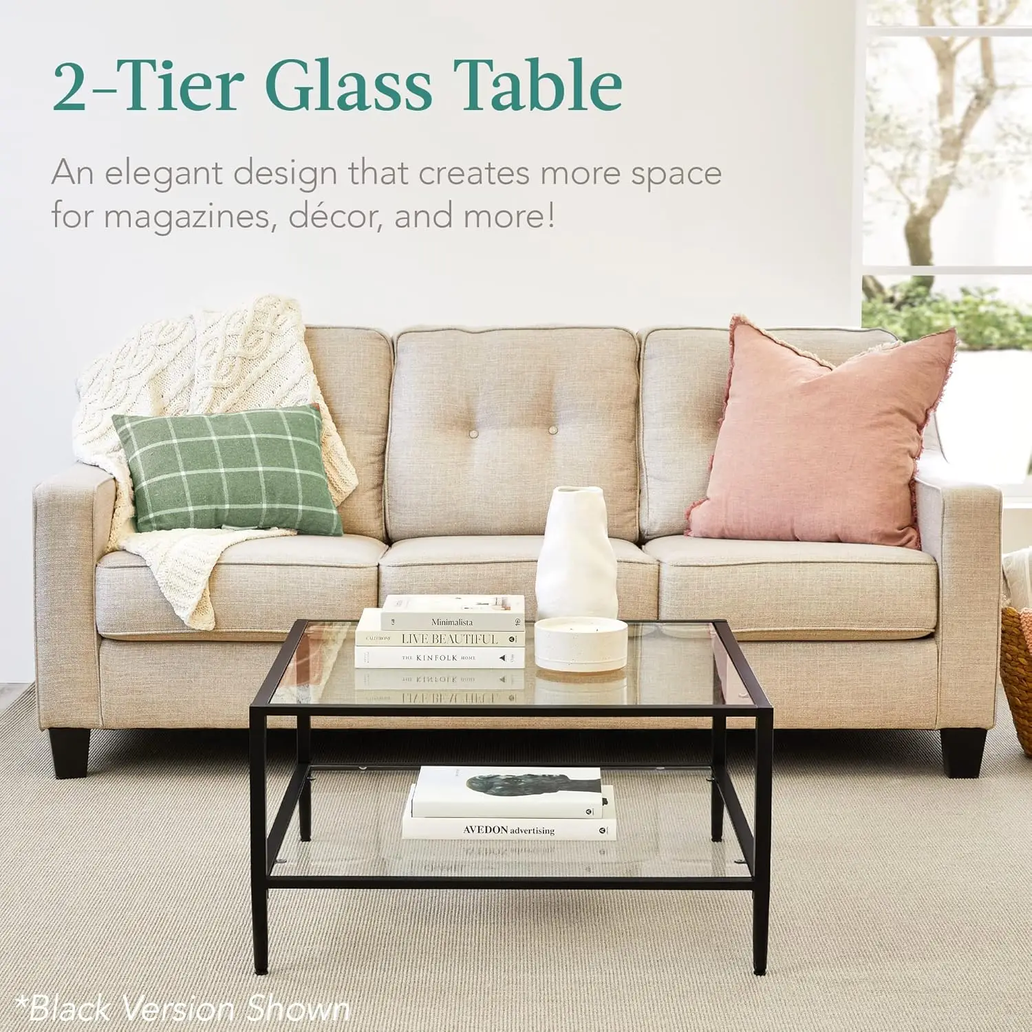 32” Modern 2-Tier Square Coffee Table - Gold Metal Frame with Glass Shelves, Large Accent Furniture for Living Room & Bedroom