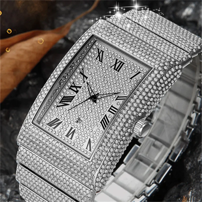 Men Big Brand Luxury Rectangle Watches Fashion Casual Alloy Band Hip Hop Diamond Golden Date Quartz Watch DZ Relogio Masculino