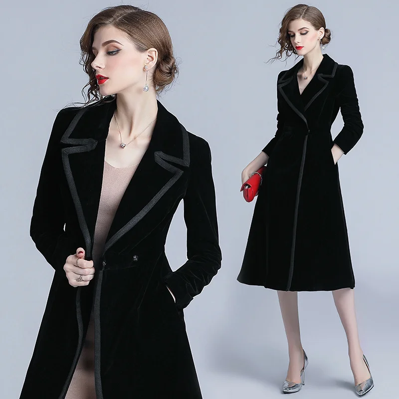 

2023 Autumn Winter Velvet Trench Coat Women Abrigo Mujer Long Elegant Notched Outwear Female Overcoat Slim Black Cardigan Trench