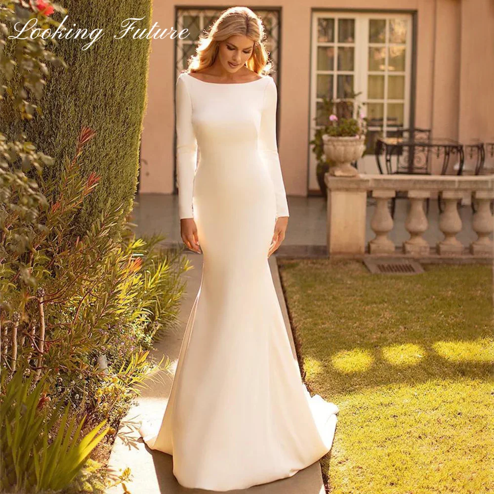 Robe de Mariée Sirène Élégante Personnalisée en Satin, Dos aux, Col Rond, pour Patients, Simple, Blanche, Manches sulf, Traîne de Balayage, 2025