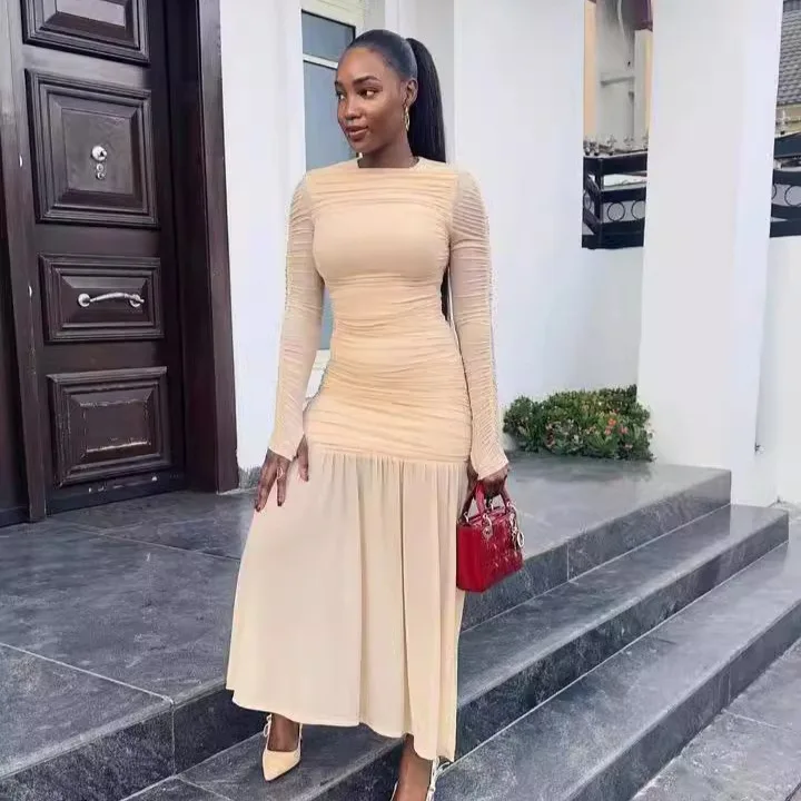 Dress Women Elegant Long Dresses Beautiful Evening Party Dress Sexy Round Neck Long Sleeves Slim Fit Slimming Pleated Pure Color