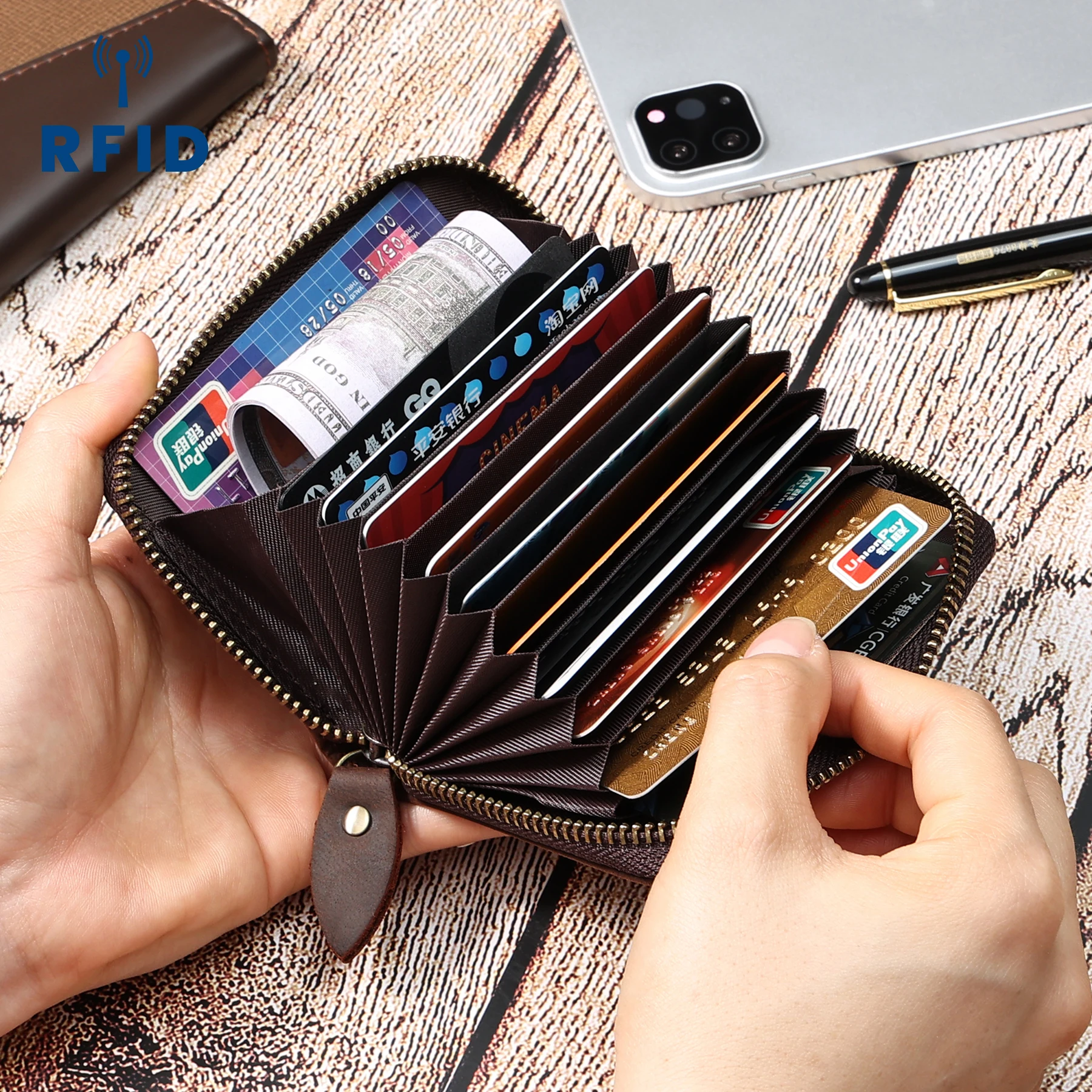 

Multi Slot Card Holder Crazy Horse Leather Small Wallet Men Women Credit Card Bag Male Coin Pouch Genuine Leather Zipper Wallet