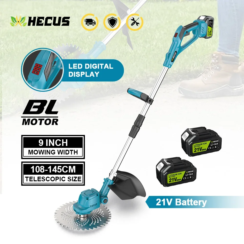 Hecus Brushless Electric Lawn Mower 9 Inch Cordless Garden Grass Trimmer Length Adjustable Cutter Tool For Makita 18V Battery