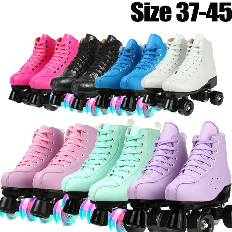 PU Leather Roller Skates Double Row Shoes Women Men Adult Two Line Skating Shoes with 4 Wheels Training Sneakers Purple Green