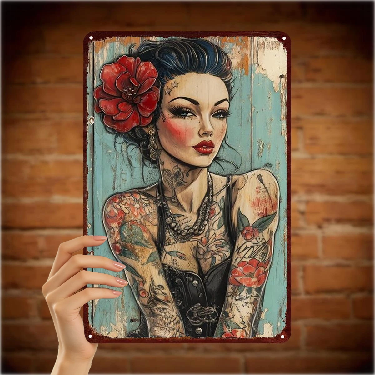 Retro Tattoo Pin-Up Girl Iron Wall Plaque, Vintage Floral Ink Metal Sign,Wall Art Decor for Tattoo Studio,Bar,Garage & Man Cave.