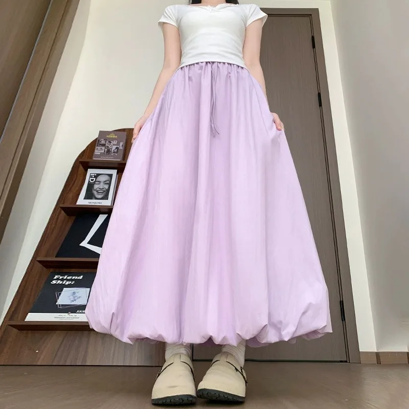 Korean Style Loose Bud Hem Midi Skirt Women Spring Summer Elastic High Waist Pleated Lantern Skirt Sweet Slim A-Line Long Skirts
