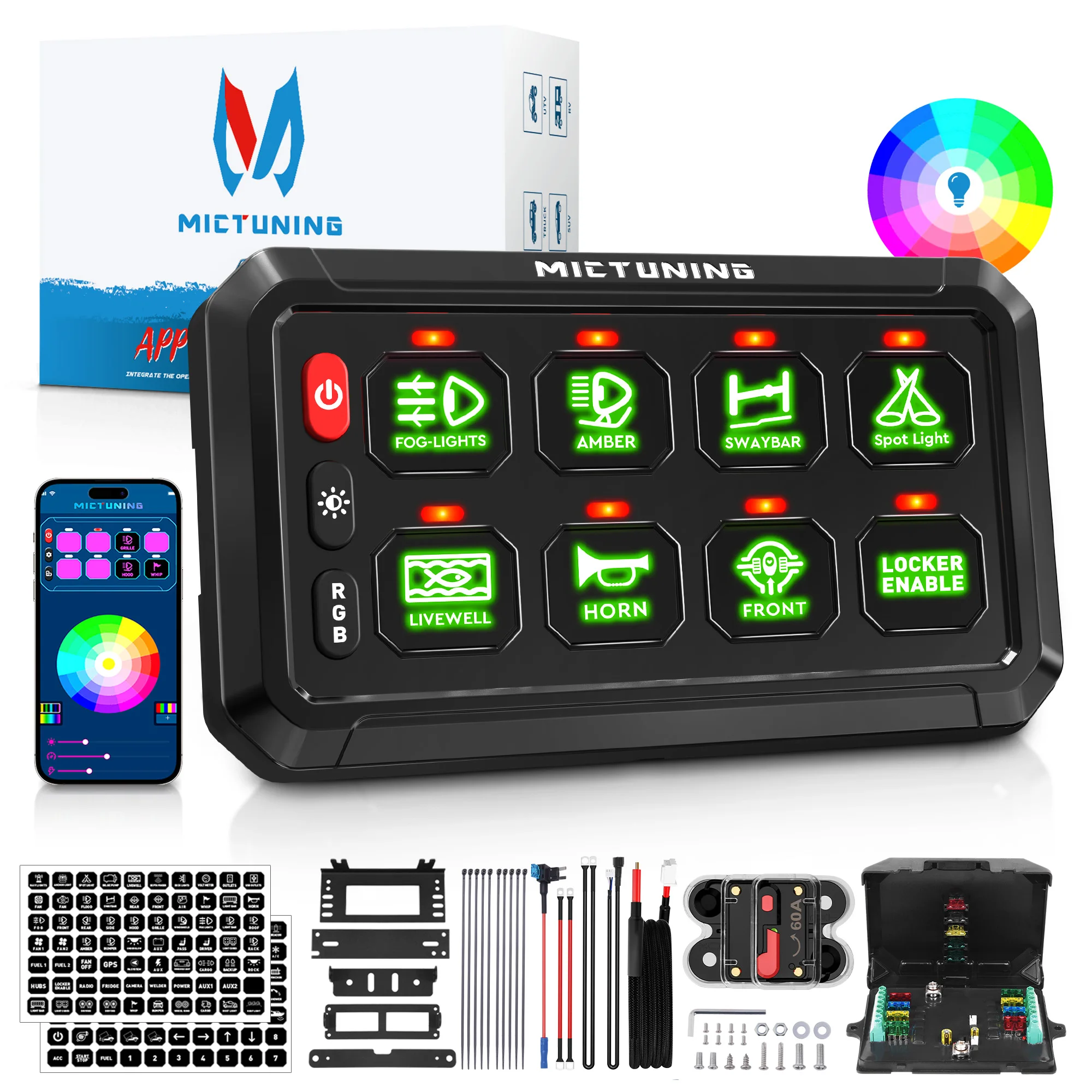 

Mictuning RGB 8 /12Gang Auxiliary Switch Panel Offroad APP Light Switch Panel Bluetooth LED Switch Panel for Car Jeep SUV Truck