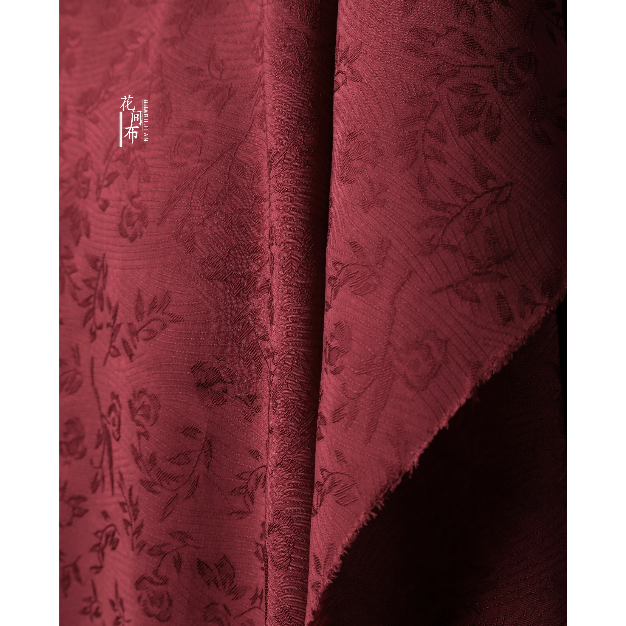 Deep Red Small Branches Floral Jacquard Fabric Embroidered Cheongsam Dress Hanfu Designer Diy Sewing Material Wholesale Cloth