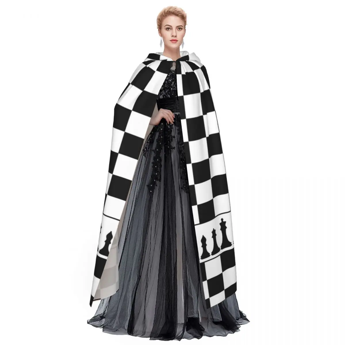 Scacchiera Griglia in bianco e nero Mantello lungo con cappuccio a quadretti Costume medievale da strega Mantello cosplay HalloweenVampiro Adulto unisex