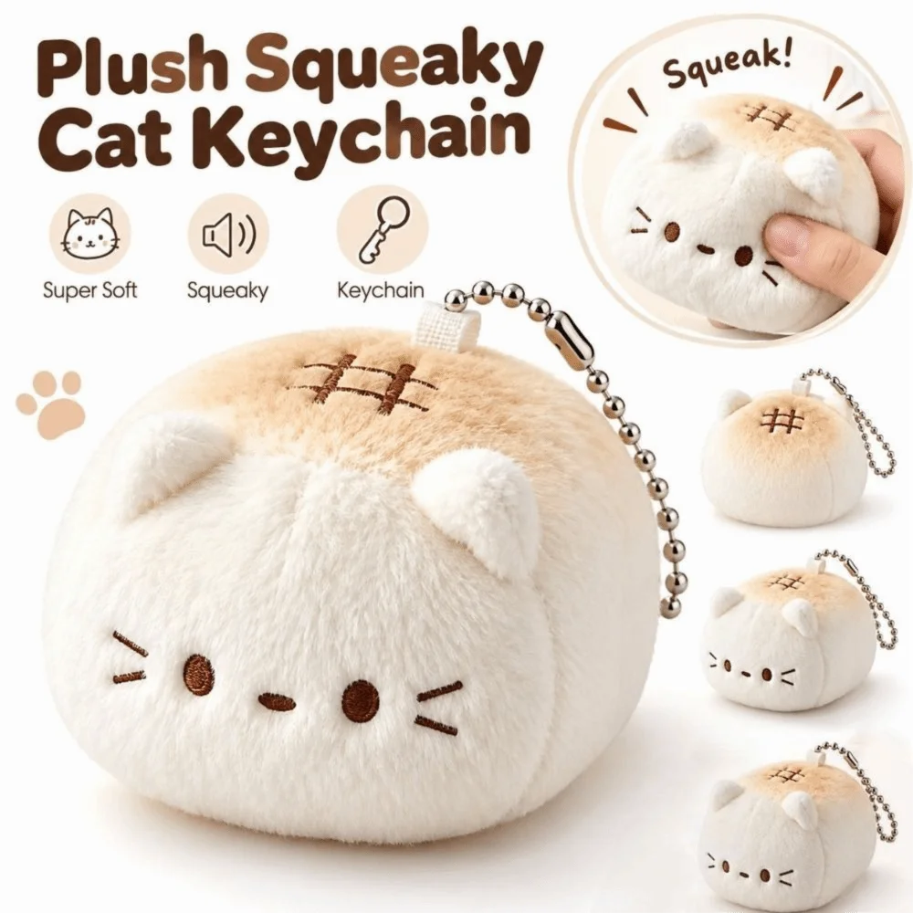 Soft Fluffy Cat Plush Keychain Squeaky Sound Plush Kitty Stuffed Pendant Beaded Chain Kawaii Cartoon Fluffy Cat Bag Charm